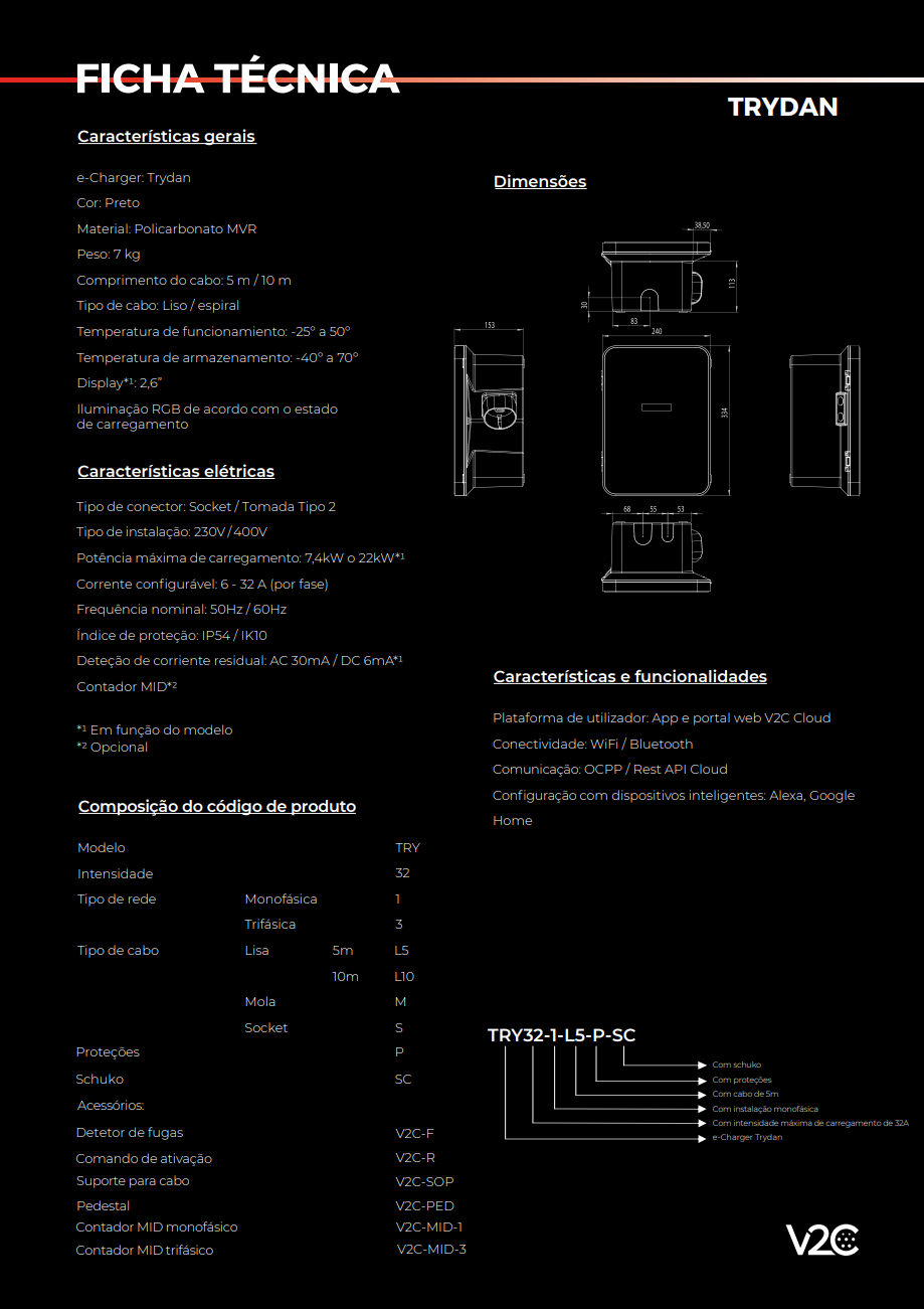 Estação de Carregamento AC V2C Trydan Monofásica (7,4kW)