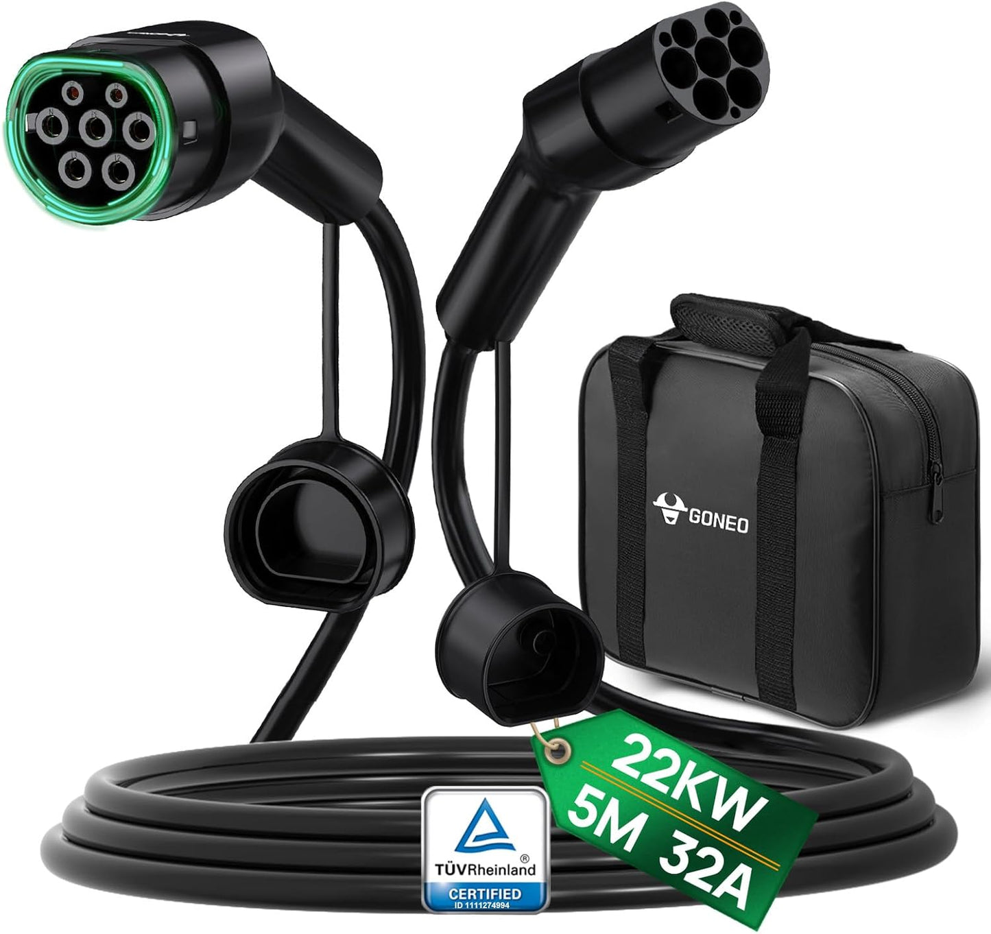 Greencell T2/T2 16A/32A Three-Phase AC Vulcanized Charging Cable (11kW/22kW) + Bag