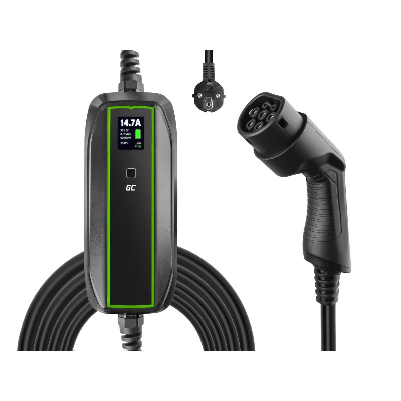 Greencell 10A-16A T2 Single-Phase AC Portable Charger (3.7kW) w/ Schuko Connector + Bag
